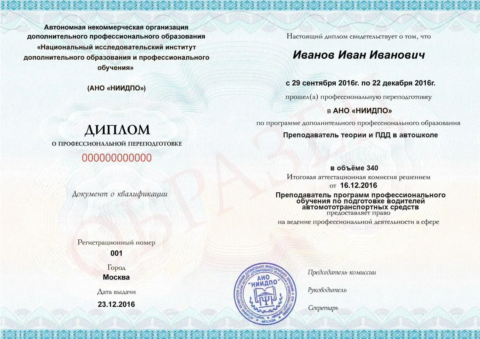 Диплом о дополнительном профессиональном образовании